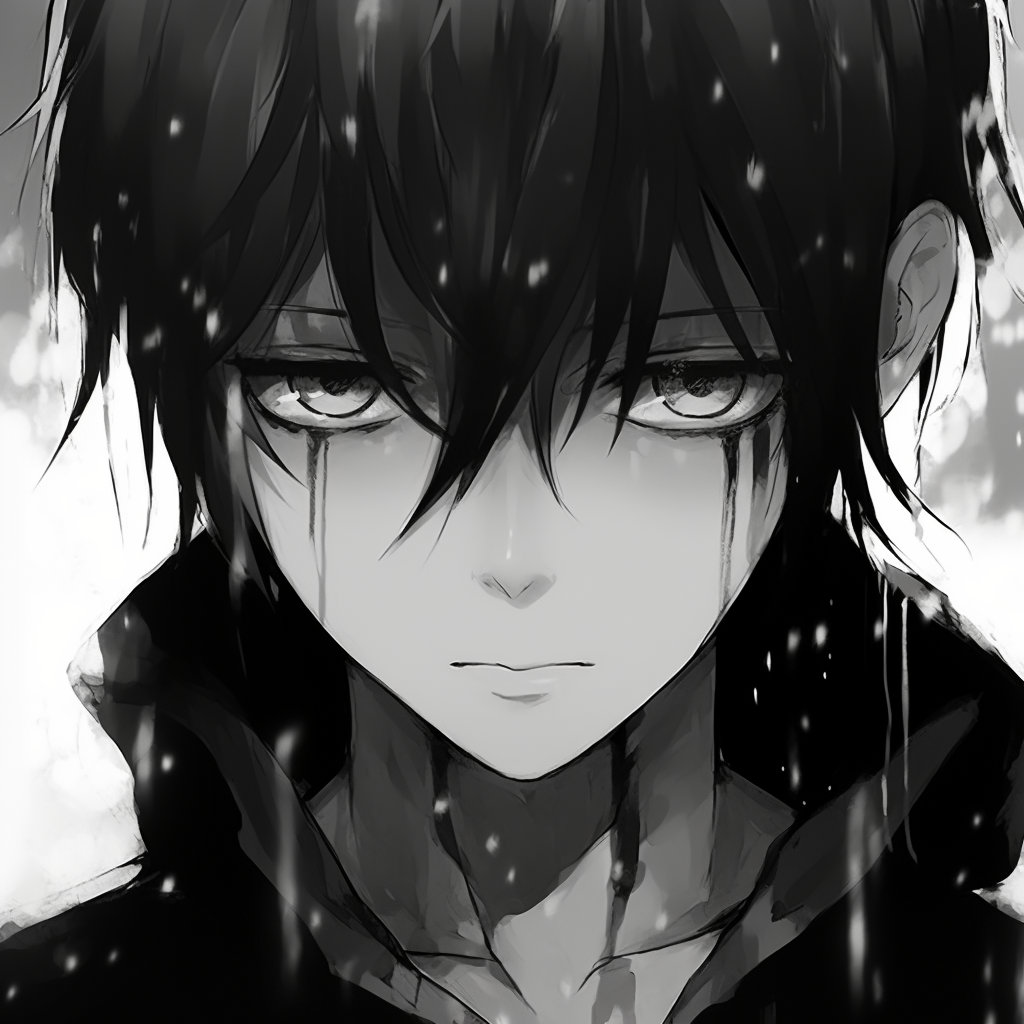 Profile view of an anime character, with only part of the face visible, details drawn with sharp, contrasting lines. aesthetic anime profile picture black and white