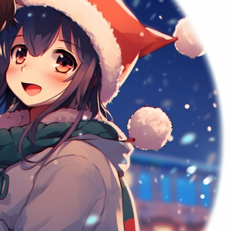 Two characters exchanging gifts, richly detailed scenery with Christmas decor. matching anime christmas pfp character inspiration pfp for discord.