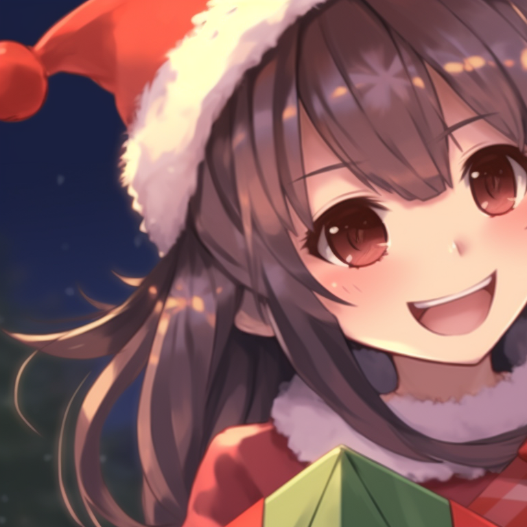 Two characters, soft pastel colors and delicate linings, exchanging Christmas ornaments and gifts. christmas themed matching discord pfp for girls pfp for discord.