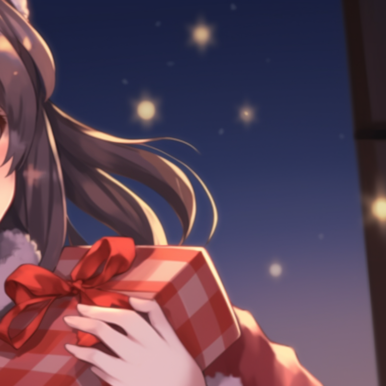 Two characters, soft pastel colors and delicate linings, exchanging Christmas ornaments and gifts. christmas themed matching discord pfp for girls pfp for discord.