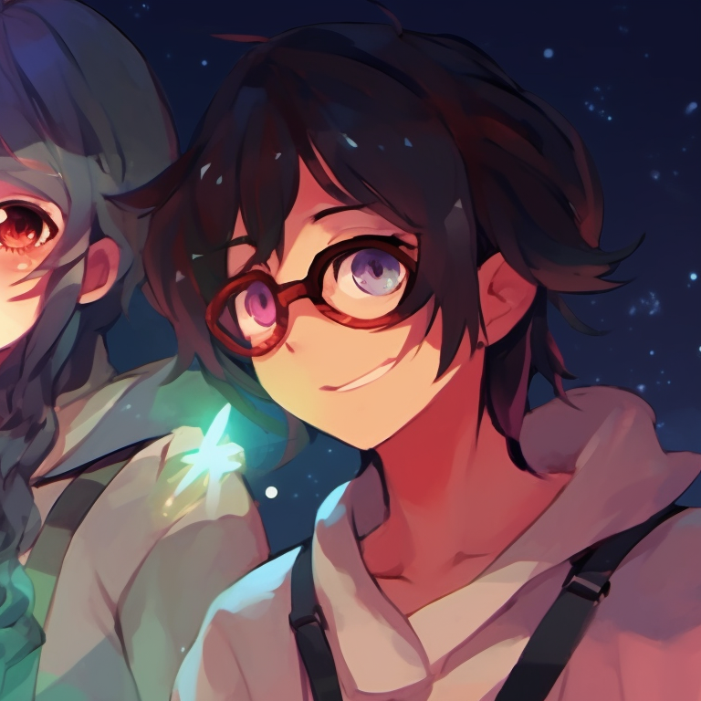 Four characters gazing at a starry sky, vibrant colors and radiant expressions. girly matching pfp for 4 friends pfp for discord.
