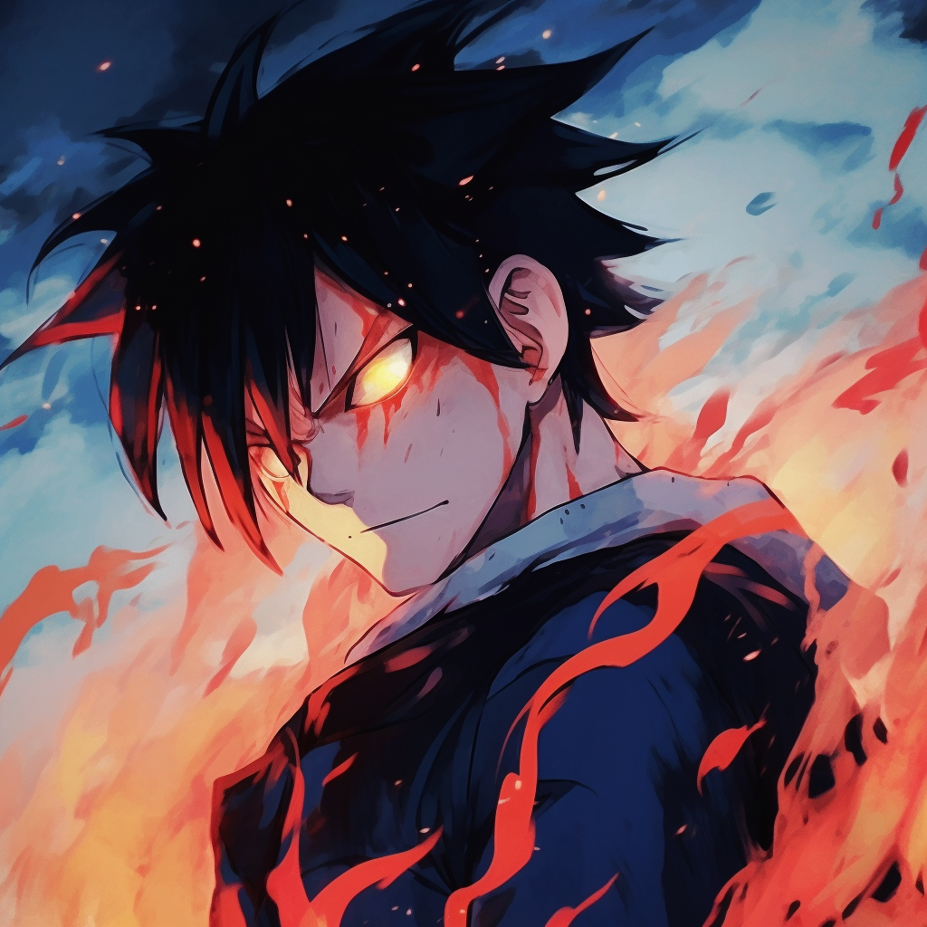 Close-up of Endeavor's face, details showing determination and power radiating from his fiery aura. anime characters with fire powers