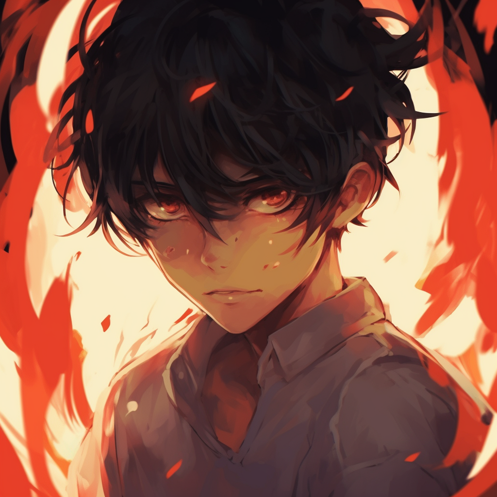 Anime boy image with striking expression, depicted in reddish hues. anime pfp boy colors