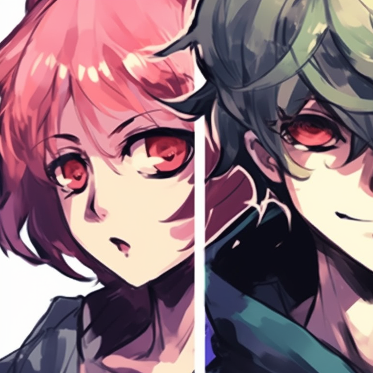 Three characters with interlocking gazes, detailed background and a sense of adventure. famous matching trio pfp characters pfp for discord.