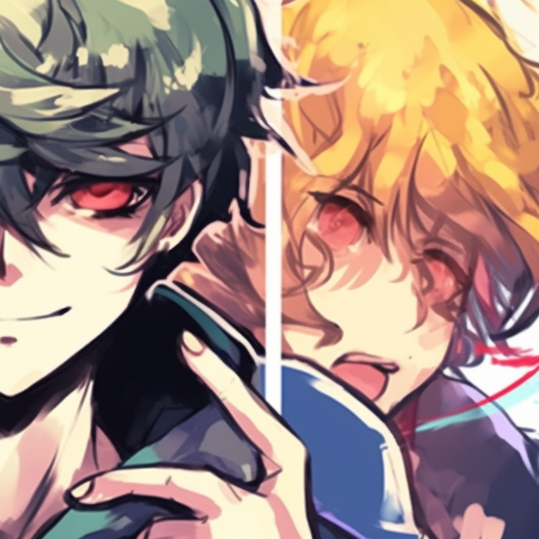 Three characters with interlocking gazes, detailed background and a sense of adventure. famous matching trio pfp characters pfp for discord.