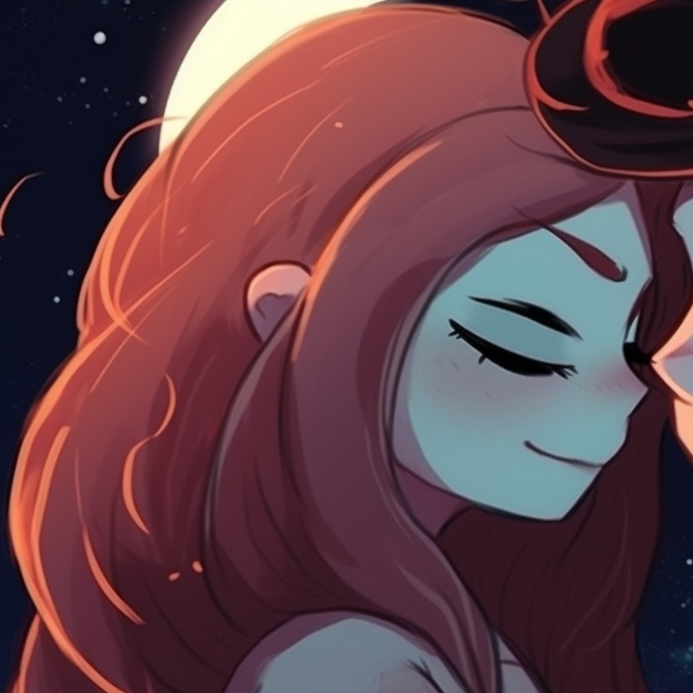 Two characters, pastel tones and soft details, sitting in a tender pose. stunning matching pfp for couples cartoon pfp for discord.