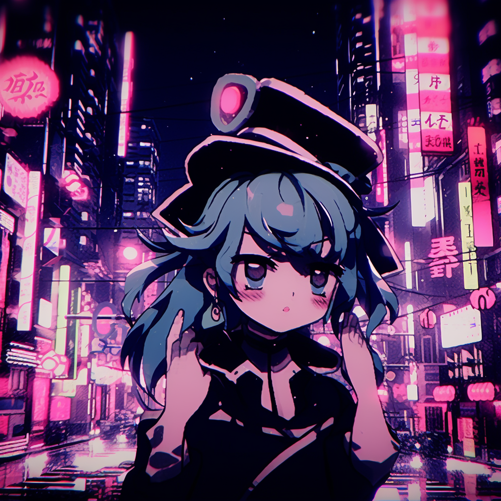 Rainy night scene in a bustling city, deep blues and city lights reflections. unique anime aesthetic pfp selections