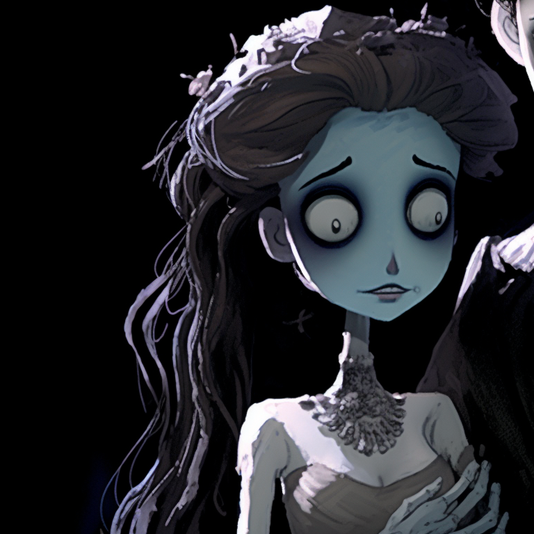 The two characters, locked in a matrimonial scenery, conveying a sense of serene eternity through the careful use of cold colors. burton's corpse bride matching pfp pfp for discord.