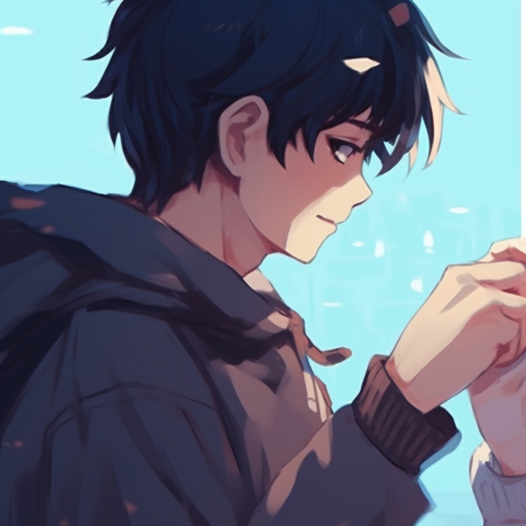 Two characters, sunset colors with intricate outfits, softly leaning against each other. charming matching anime pfp for couples pfp for discord.