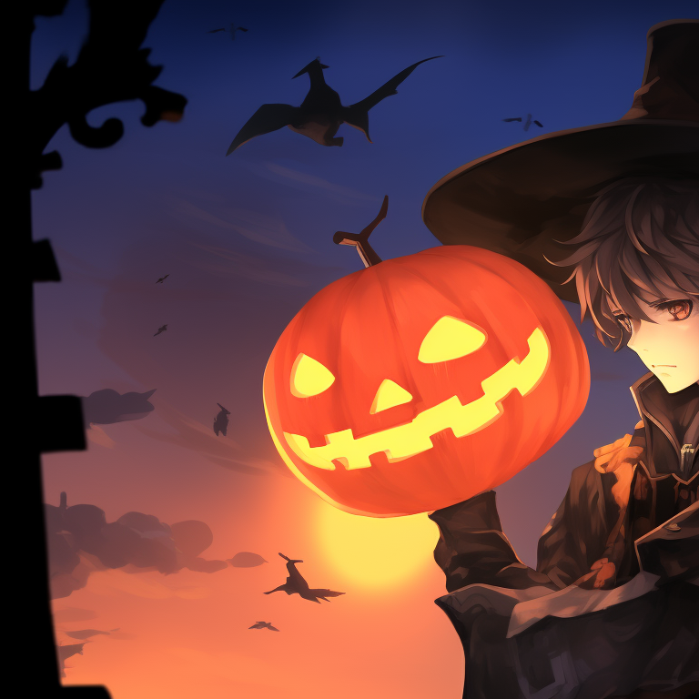 Close-up of two characters, one seeming cheerful and the other somewhat startled, featuring a tonal palette of purples and oranges. genshin impact halloween theme cosplay pfp for discord.