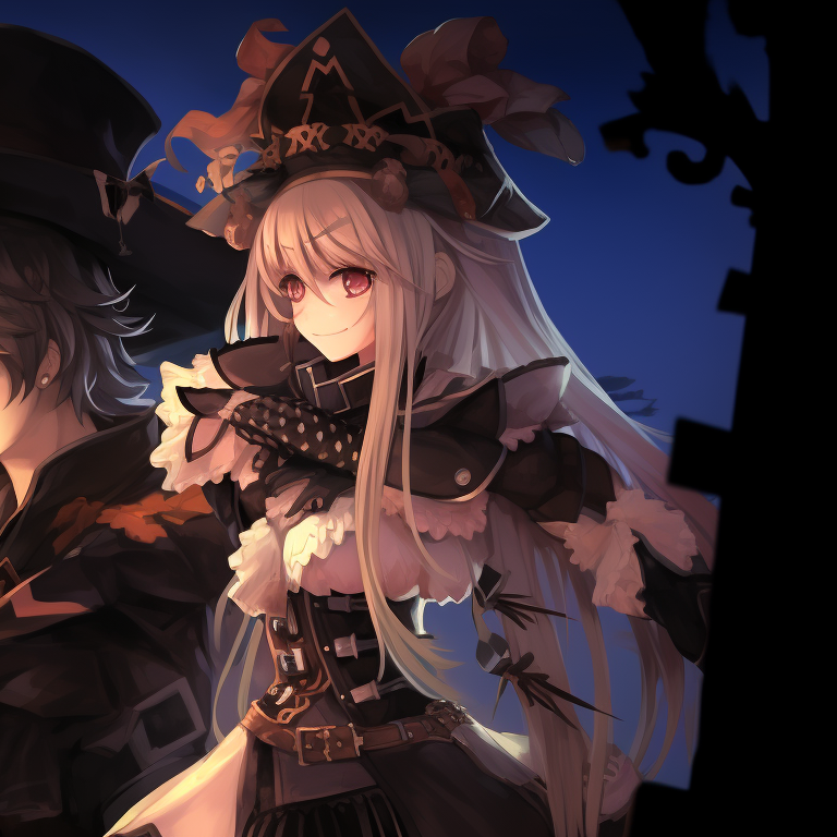 Close-up of two characters, one seeming cheerful and the other somewhat startled, featuring a tonal palette of purples and oranges. genshin impact halloween theme cosplay pfp for discord.