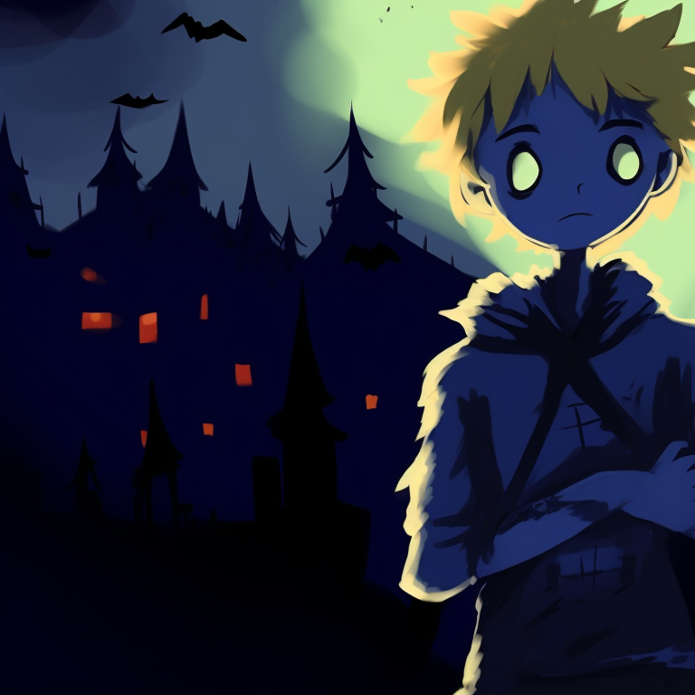 Silhouettes of Tweek and Craig, fortress-like haunted house in the background, crispy outlines and complete dark tones. tweek and craig halloween theme pfp ideas pfp for discord.