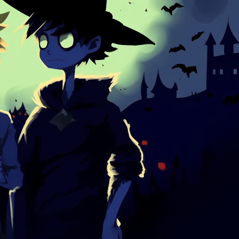 Silhouettes of Tweek and Craig, fortress-like haunted house in the background, crispy outlines and complete dark tones. tweek and craig halloween theme pfp ideas pfp for discord.