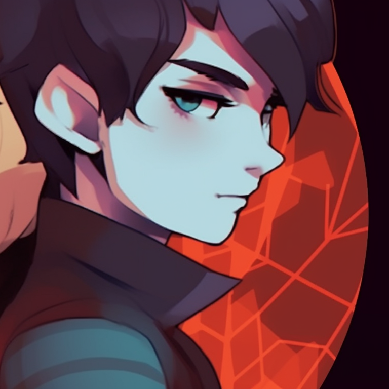 Miles and Gwen in customized outfits, rich colors and geometric shapes. significance of miles and gwen matching pfp pfp for discord.