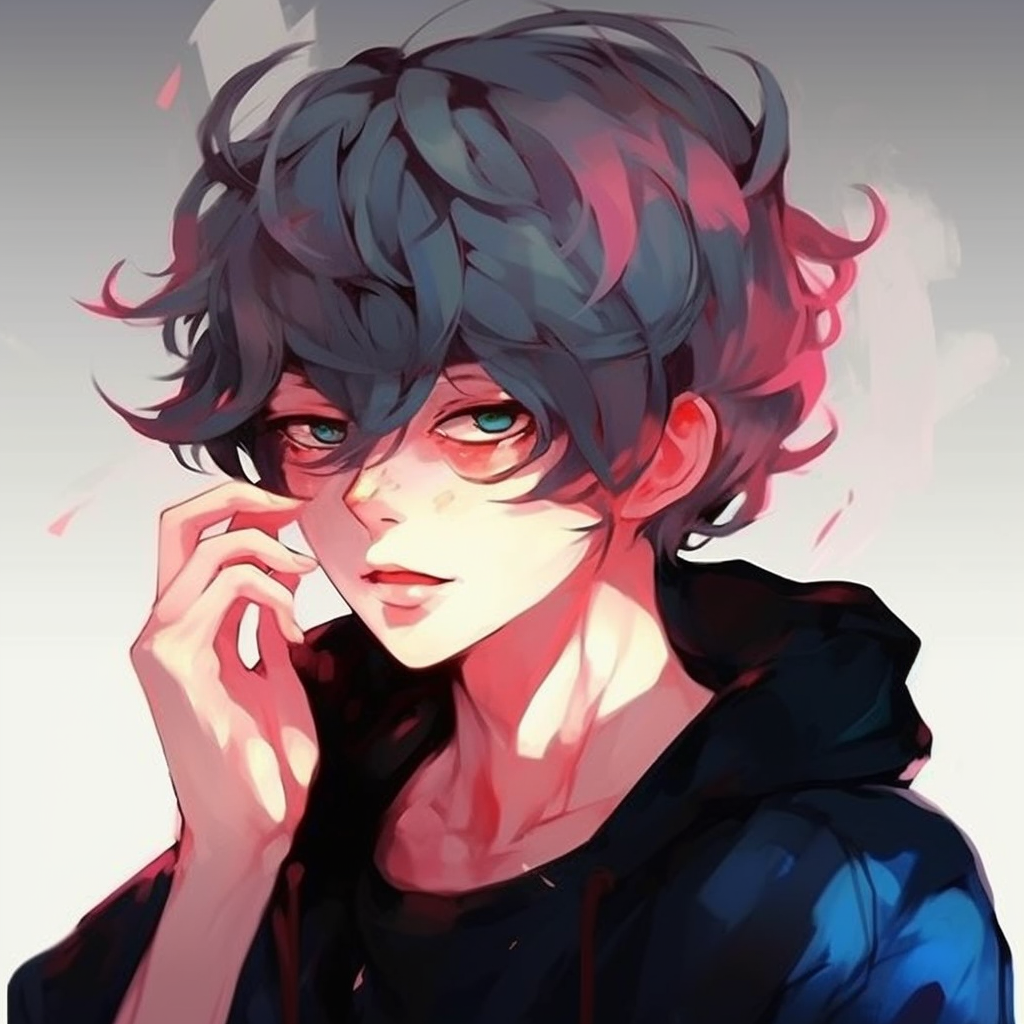 An artistic representation, featuring a unique, hand-drawn style, where the character is depicted with curly hair and glasses. unique anime boy pfp aesthetic pfp for discord.