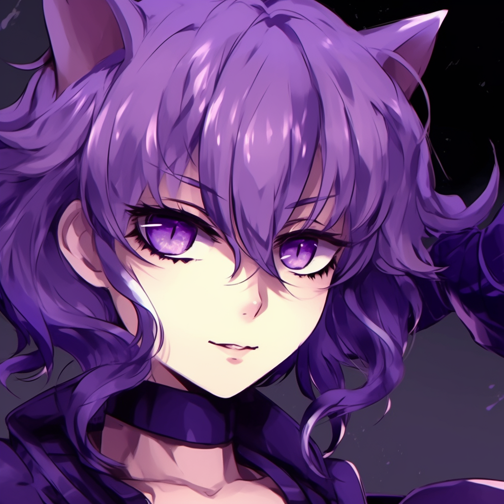 A schoolgirl character with lavender hair tied up, with a light purple background and simple but expressive linework. female purple anime pfp pfp for discord.