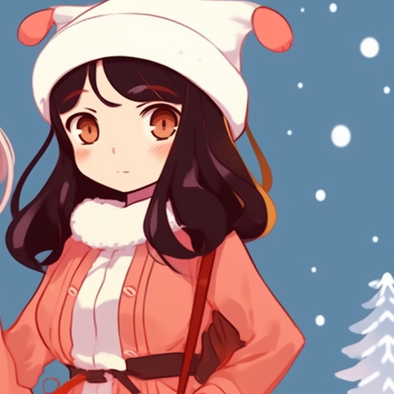 Two characters, vintage Christmas outfit, abstract pastel background. unique matching retro aesthetic cartoon pfp christmas themes pfp for discord.