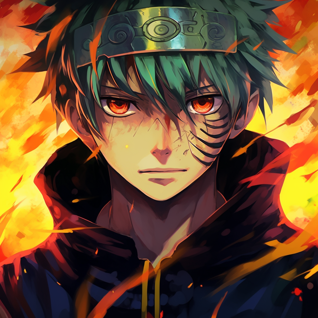 Full view of Naruto in a fiery backdrop, dynamic pose and bold orange hues. male fire anime pfp