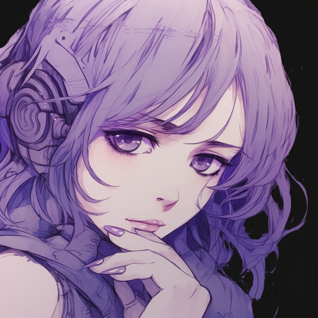 Profile image with the character bathed in an evening haze, well-blended purple hues and soft shading. anime purple pfp beauties pfp for discord.