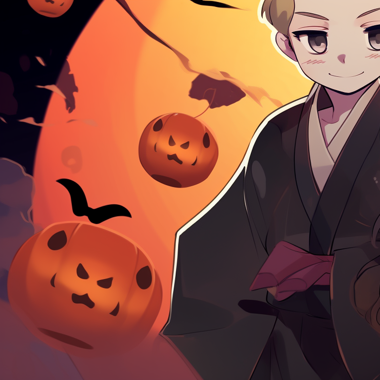 Zenitsu and Nezuko standing under a full moon, wearing spooky costumes with cool undertones. halloween themed zenitsu and nezuko fanart pfp for discord.