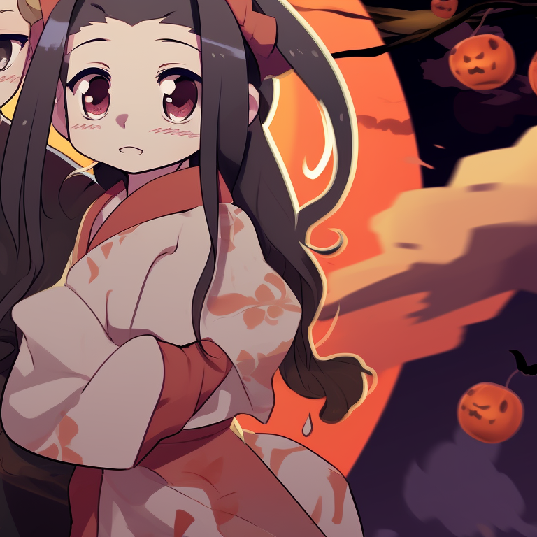 Zenitsu and Nezuko standing under a full moon, wearing spooky costumes with cool undertones. halloween themed zenitsu and nezuko fanart pfp for discord.
