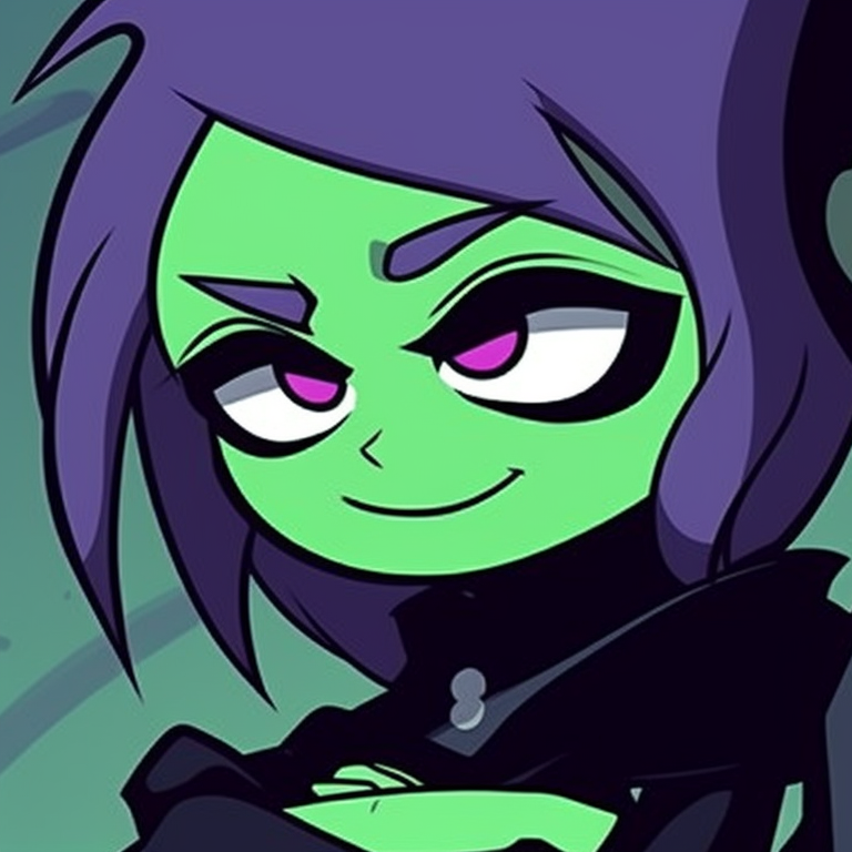 Beastboy and Raven in candy-corn Halloween outfits, bright colors and playful feeling. cartoon pfp beastboy and raven halloween pattern pfp for discord.