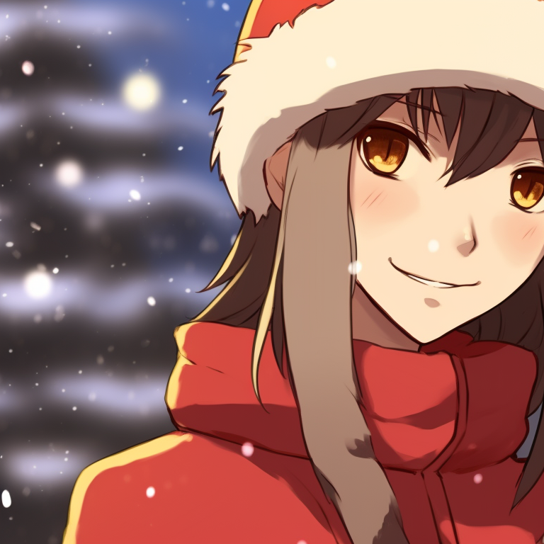 Two characters, contrasting winter outfits, mirroring poses against a backdrop of falling snow. christmas anime matching pfp pfp for discord.