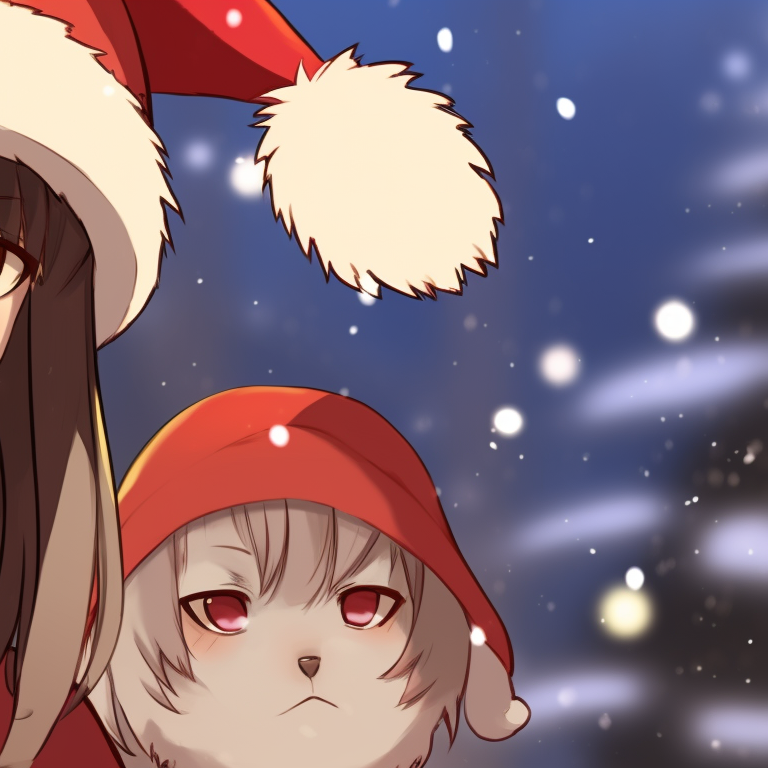 Two characters, contrasting winter outfits, mirroring poses against a backdrop of falling snow. christmas anime matching pfp pfp for discord.