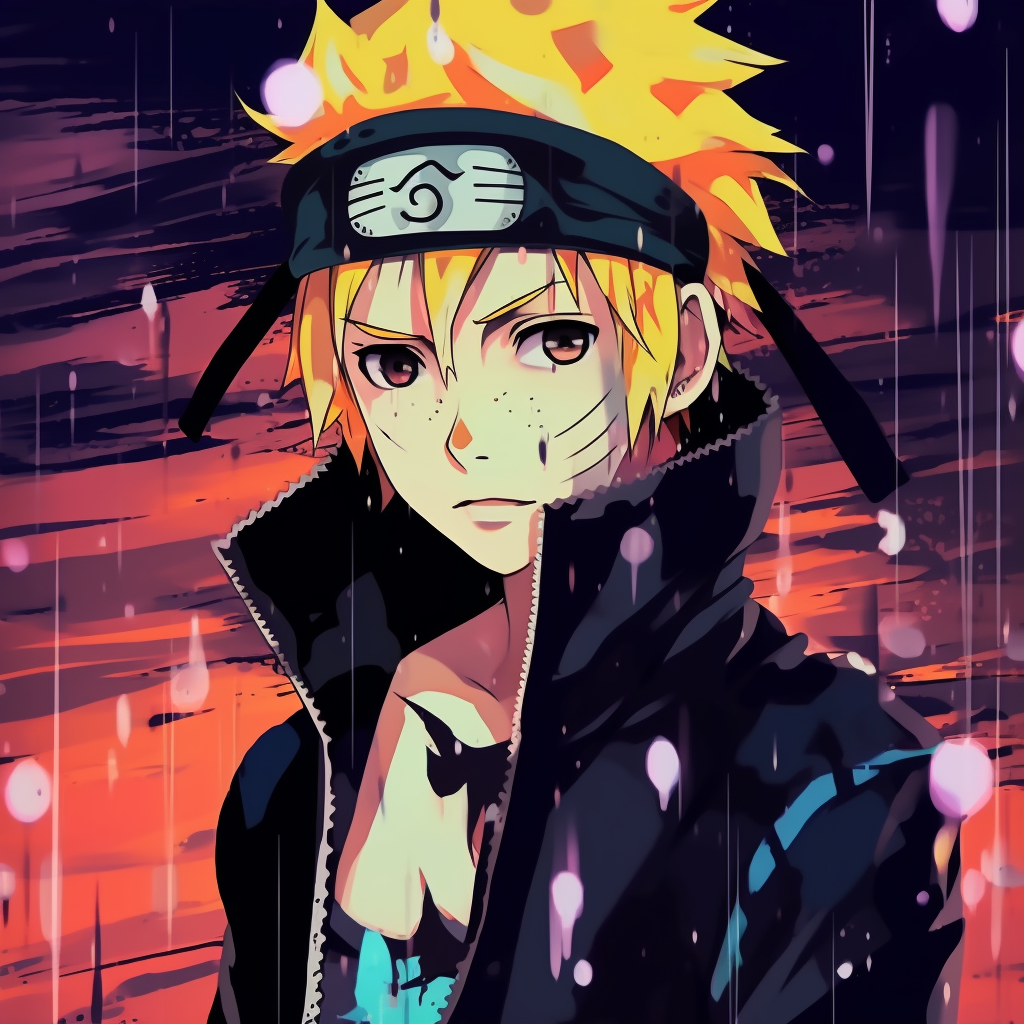 Dynamic pose of Naruto captured in the ubiquitous drip art style, characterized by bold lines and vibrant colors. aesthetic drippy anime pfp pfp for discord.