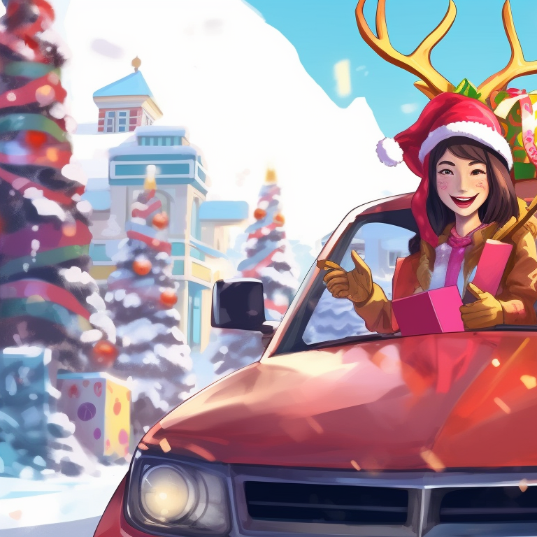 Two characters with intense gazes, night-time setting with a festive sports car. beloved holiday car matching guides pfp for discord.