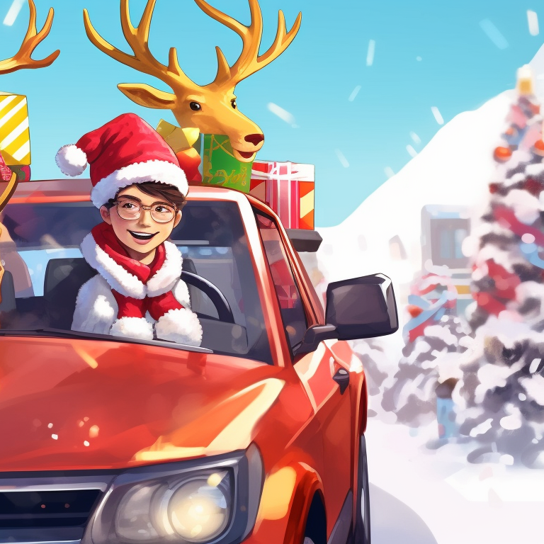 Two characters with intense gazes, night-time setting with a festive sports car. beloved holiday car matching guides pfp for discord.