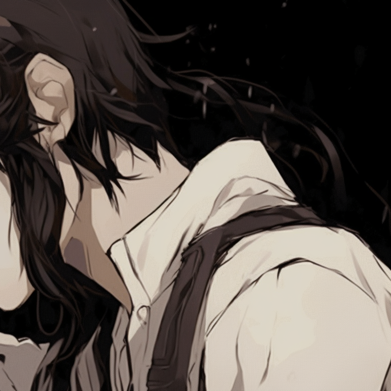 Two characters with detailed accessories and intricate style, sharing an intimate moment. anime matching pfp gifs inspiration pfp for discord.