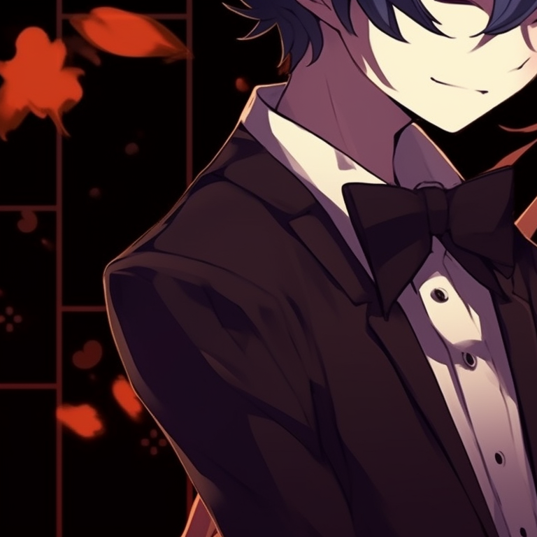 Two characters, one masked, the other unmasked, vibrant with dark, contrasting colors against a Halloween ballroom backdrop. a silent voice anime characters for matching halloween theme pfp pfp for discord.