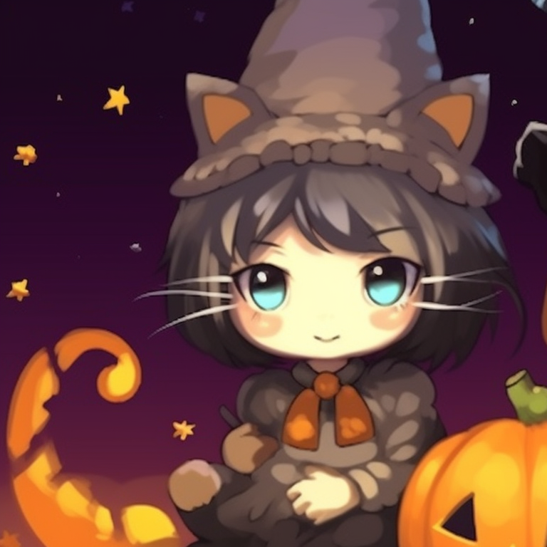 Two cats, in eerie but adorable poses, appearing to rise from jack-o'-lanterns. cat pfp in halloween theme pfp for discord.