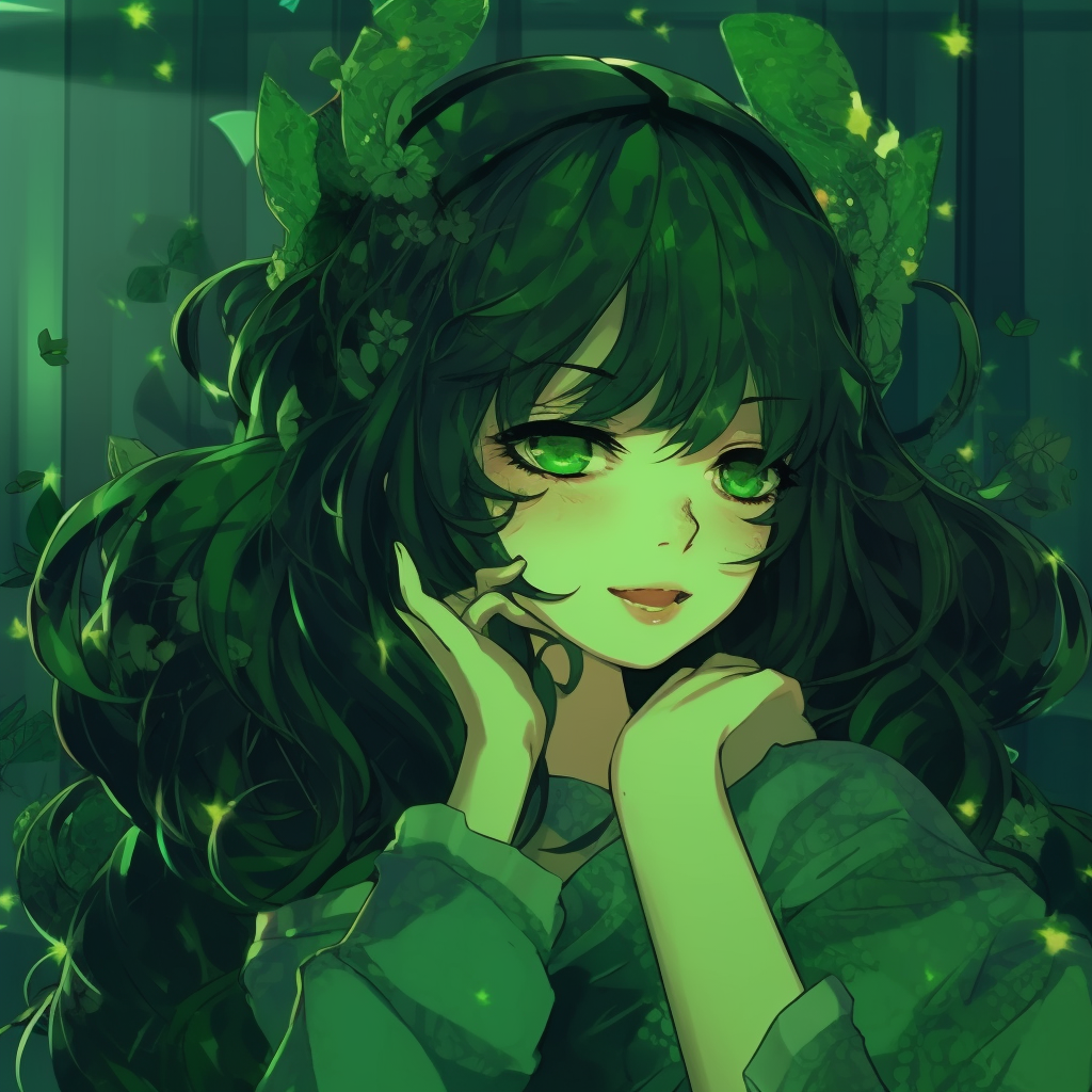 An ethereal anime character, her skin glows with a lush green light, soft shading and detailed ornate patterns embellishing her wraps. compelling green anime pfp illustrations
