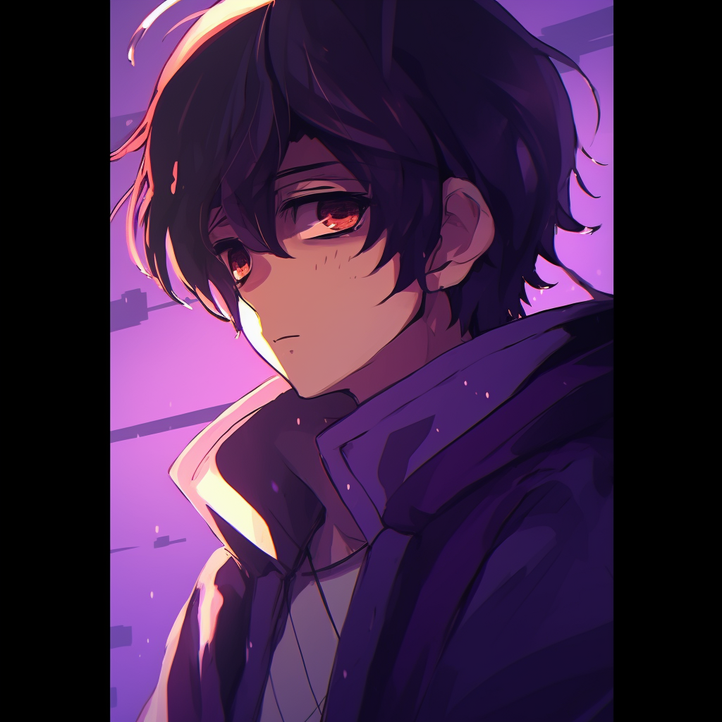 Deep purple hues dominate this picture of a mysterious anime boy with vivid detailing. adorable purple anime pfp pfp for discord.
