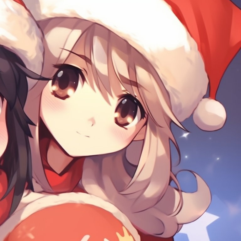 Two characters under a mistletoe, intense gaze, soft blush, use of soft red and green hues. christmas themed matching discord pfp pfp for discord.