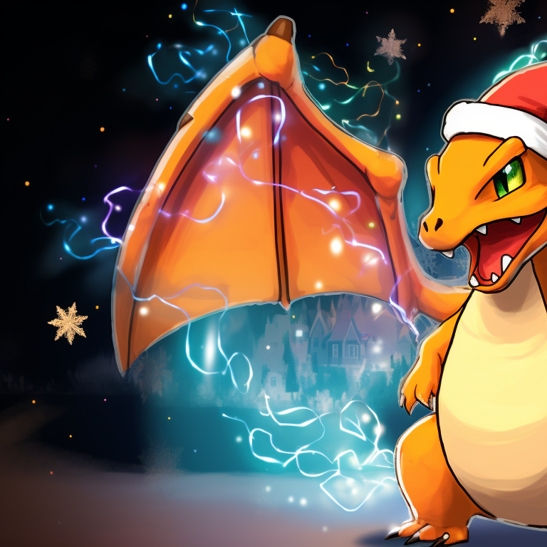 Charizards under a starry Christmas sky, snowflakes glitter like stars. charizard themed christmas apparel pfp for discord.
