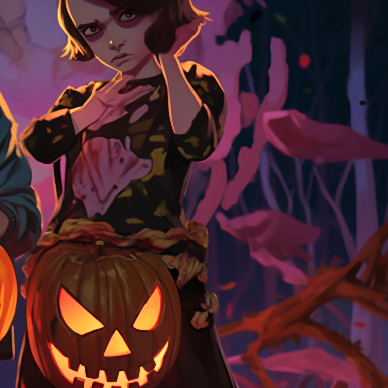 Two characters, Eleven and Dustin, standing with Jack-o-Lanterns glowing in their hands, grotesque features and eerie background colors. stranger things matching pfp featuring halloween theme concept pfp for discord.