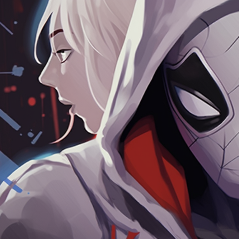 Portrayal of Gwen and Miles looking over their shoulders, subtle Halloween elements and detailed facial expressions. spider man gwen and miles halloween matching pfp pfp for discord.