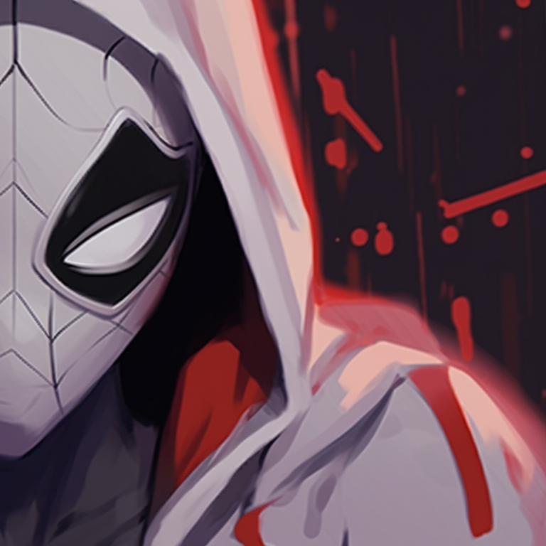 Portrayal of Gwen and Miles looking over their shoulders, subtle Halloween elements and detailed facial expressions. spider man gwen and miles halloween matching pfp pfp for discord.