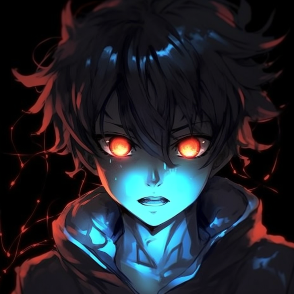 Close-up portrait of a mysterious anime character, eyes aglow with several shades of color. mysterious anime characters with glowing eyes pfp