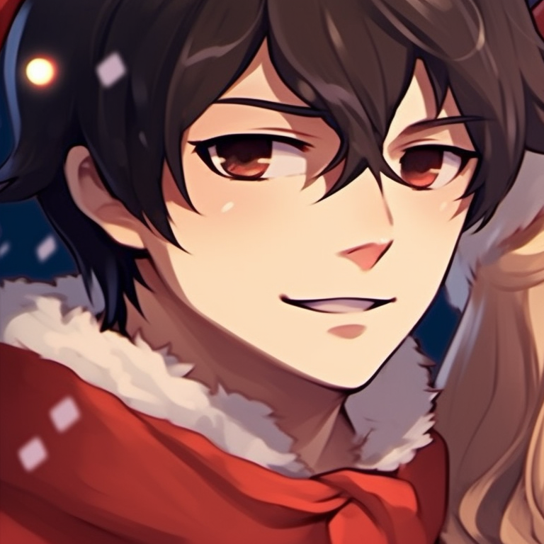 Two characters under mistletoe, indication of a sweet kiss, cool undertones with richly colored details. romantic matching christmas couple pfp pfp for discord.