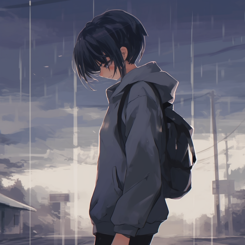 Anime character walking alone on a gray day, muted colors and soft lines. melancholic pfp selections