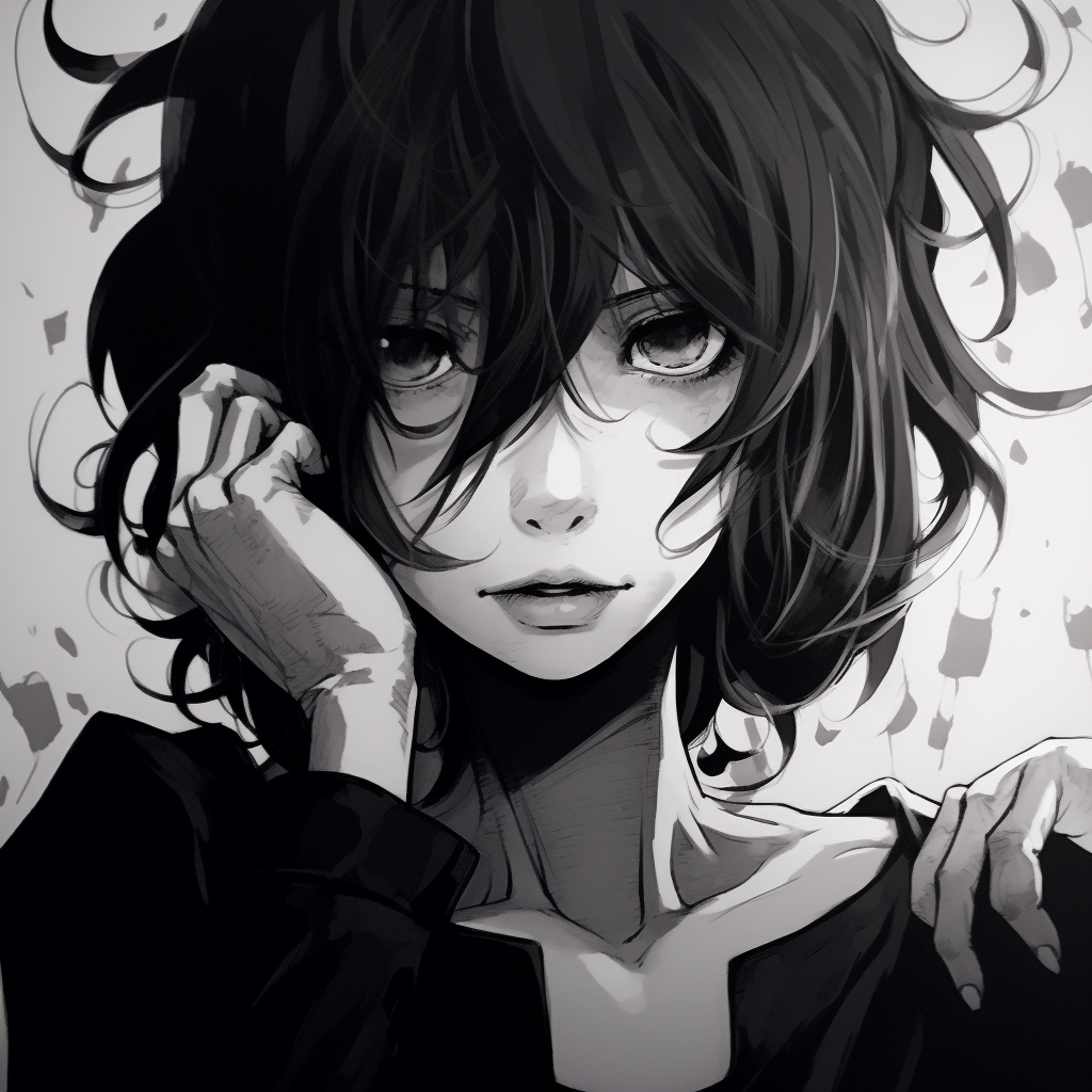 Gothic themed anime girl, unique accessories with minimalistic details. anime black pfp for girls pfp for discord.