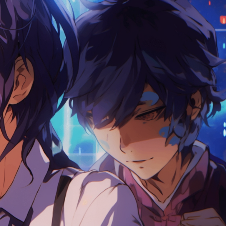 Two characters, cybernetic accessories, neon outlines against a dark background. iconic matching gif pfp styles pfp for discord.