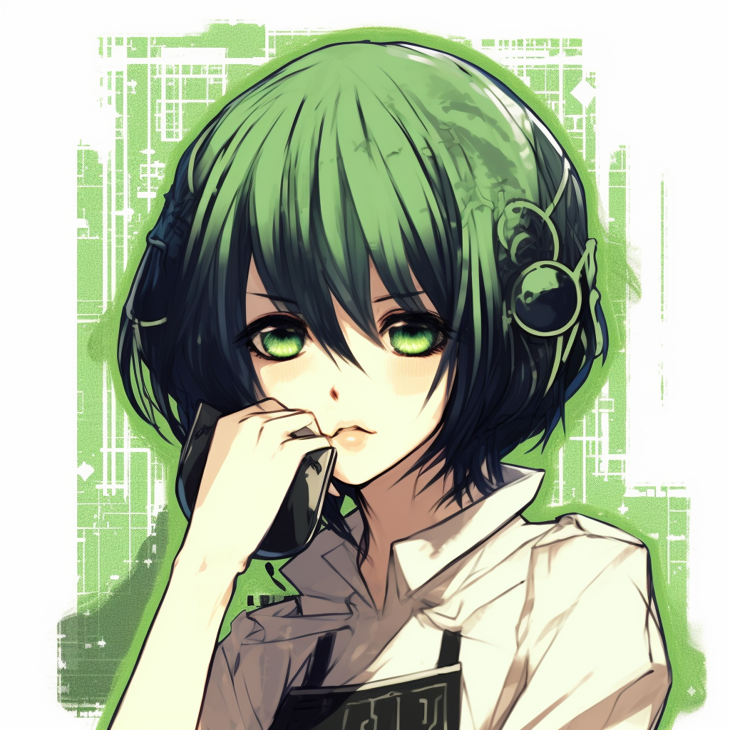 Anime character in a traditional manga style, distinct black lines and green accents. moss green anime pfp selections