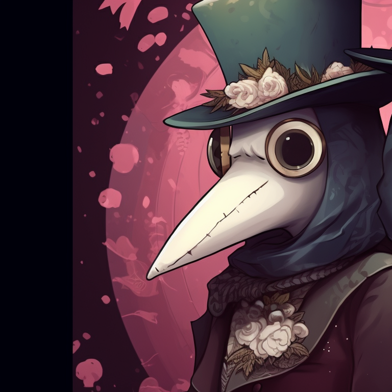 Two plague doctors dressed in festive attire, soft color palette and gentle shading. matching plague doctor pfp festive season pfp for discord.
