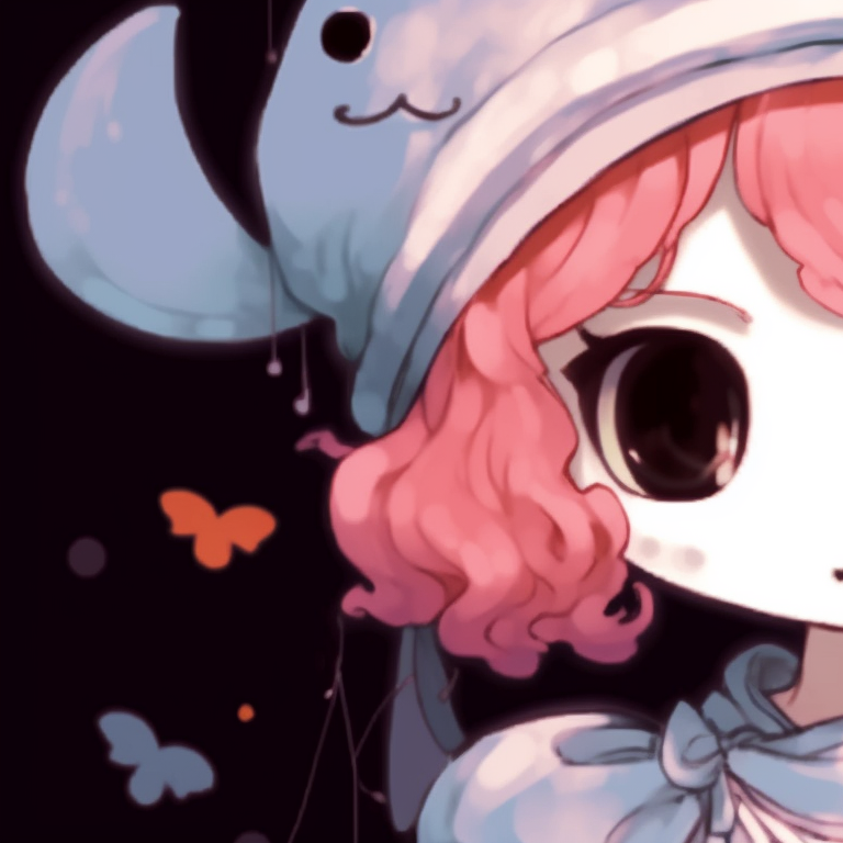 Two characters draped in ghost-themed costumes, colors are intentionally muted with darker tone highlights. my melody matching pfp halloween theme makeup pfp for discord.