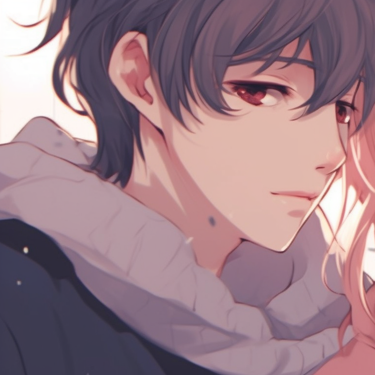 Two serene characters, muted pastel colors and whimsical elements, their fingers intertwined. anime aesthetic matching pfp couple pfp for discord.